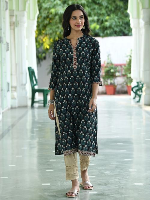 women embroidered three quarter sleeve straight kurta - 21642072 -  Standard Image - 0