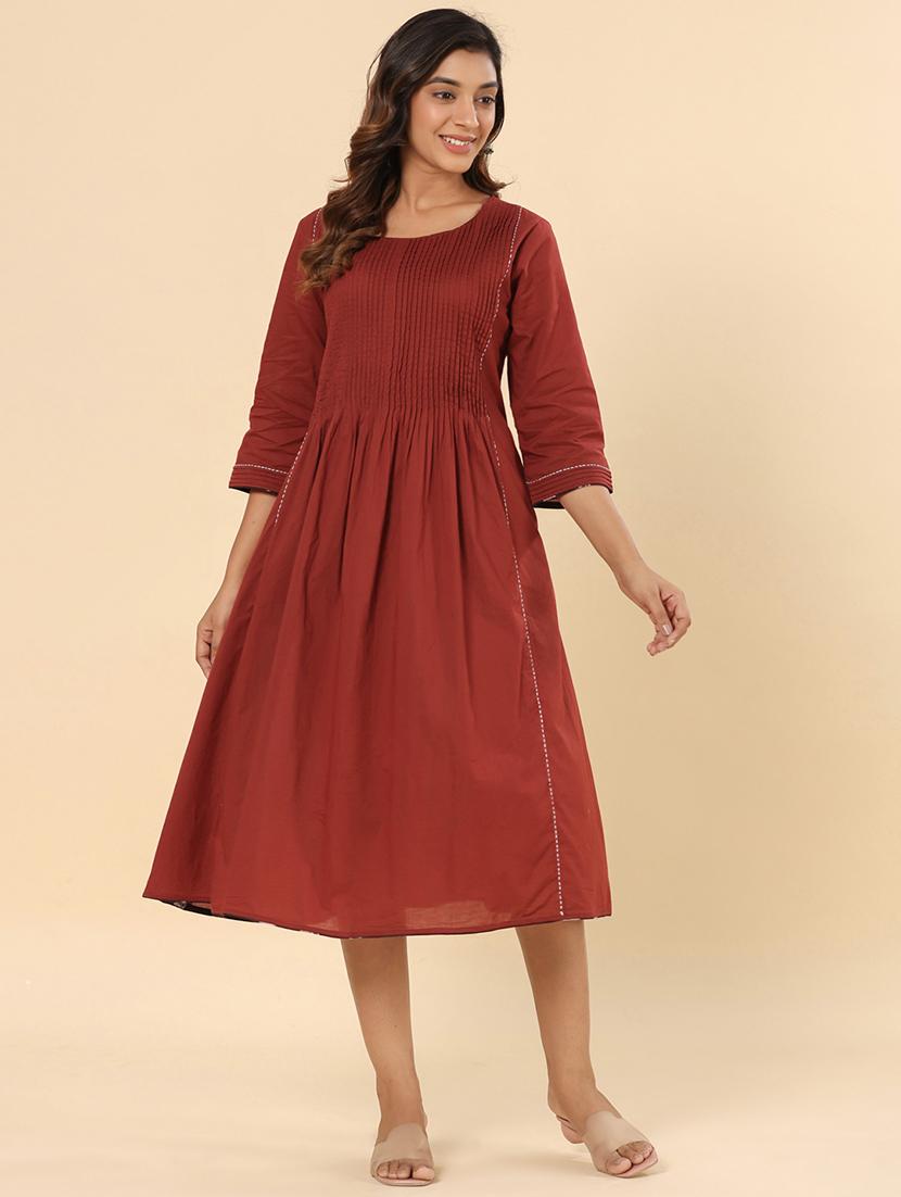 women solid three quarter sleeve a-line kurta - 21642075 - Standard Image - 1