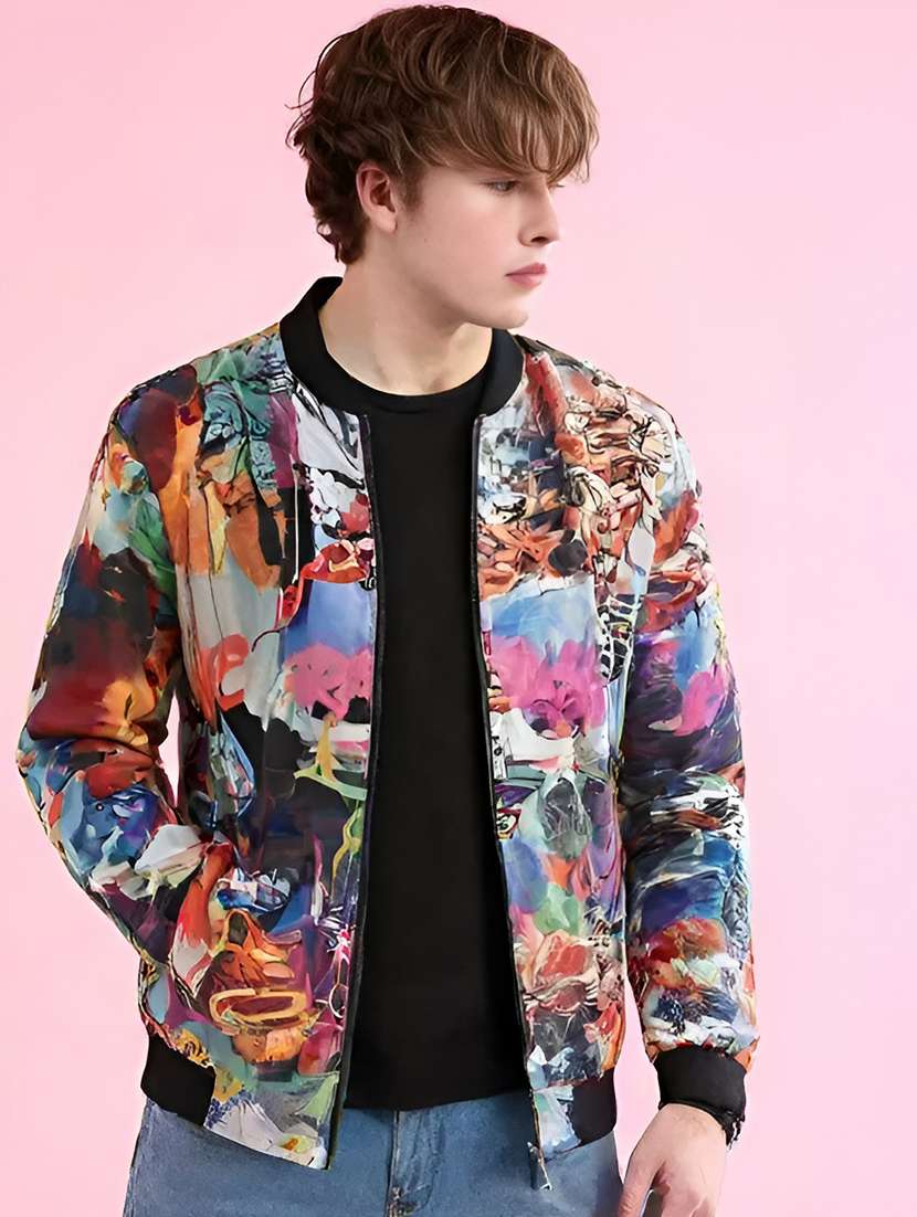 men printed long sleeve casual jacket