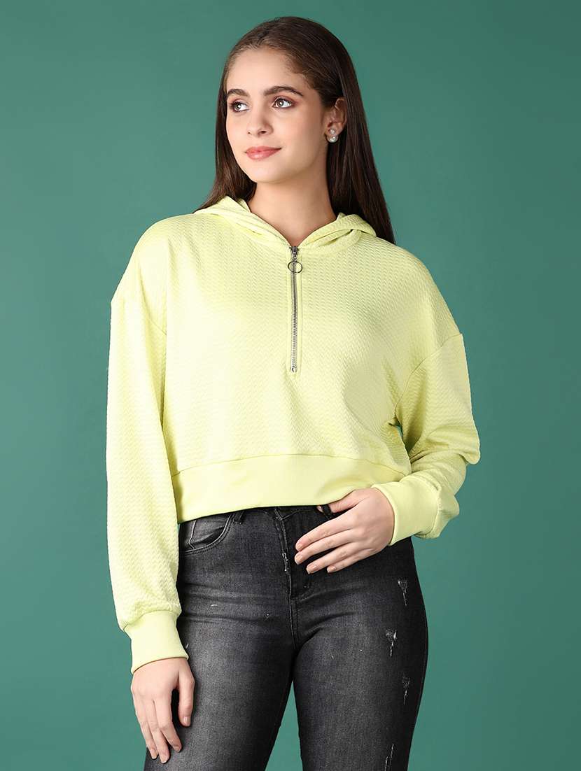 women plain half zip-up short length hood neck sweatshirt