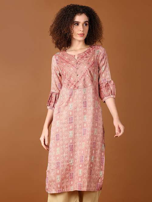 women peach printed notch neck straight kurta - 21642588 -  Standard Image - 0