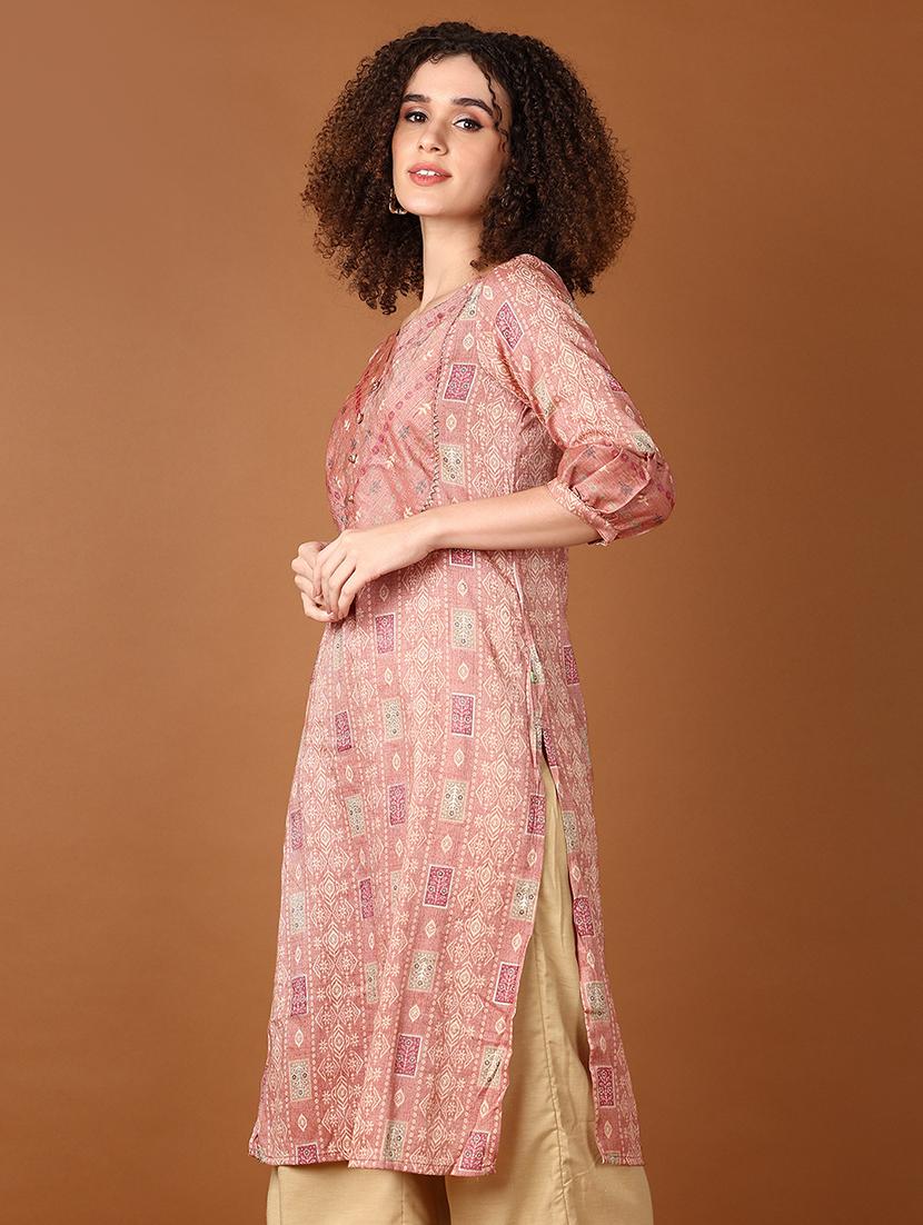women peach printed notch neck straight kurta - 21642588 -  Standard Image - 1