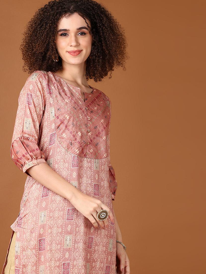 women peach printed notch neck straight kurta - 21642588 - Standard Image - 4