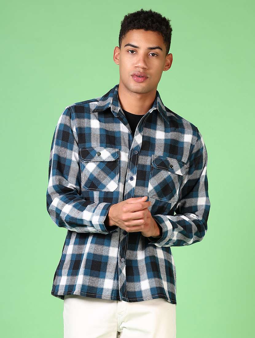 men long sleeves checkered casual shirt