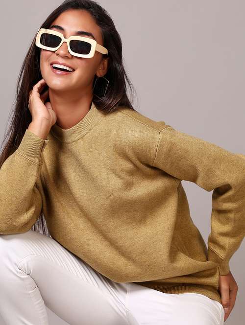 women beige solid crew neck long sleeve pullover - 21642662 -  Standard Image - 0