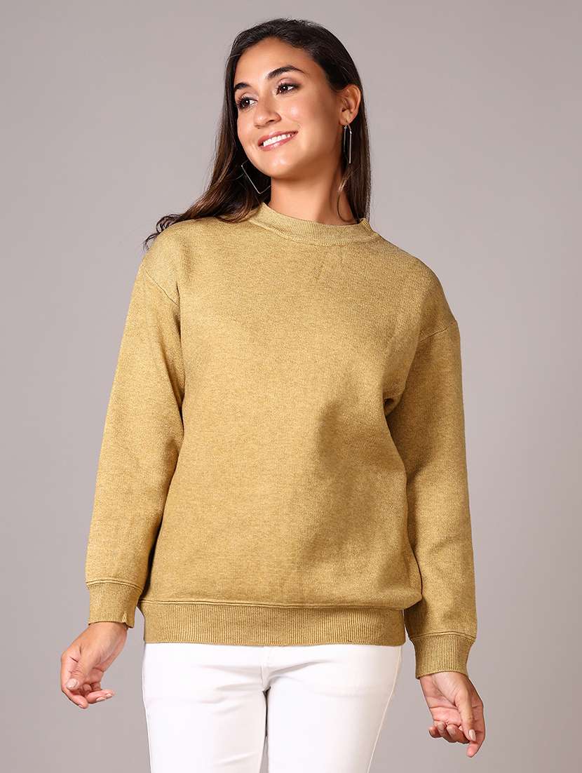 women beige solid crew neck long sleeve pullover - 21642662 -  Standard Image - 1