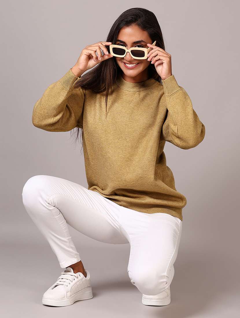 women beige solid crew neck long sleeve pullover - 21642662 -  Standard Image - 4