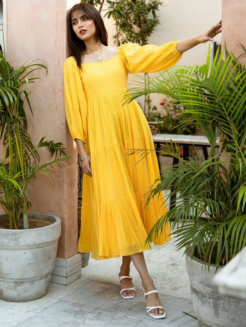 women solid puff sleeves tiered dress - 21642791 - Standard Image - 1