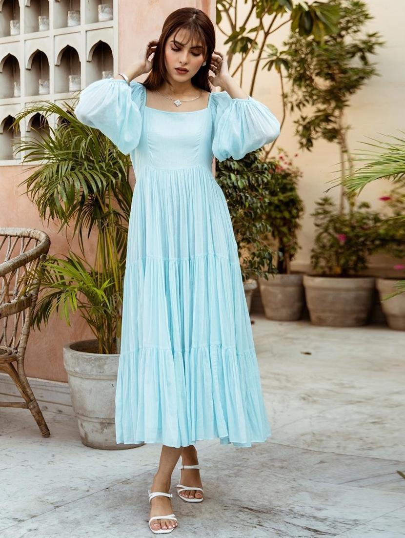 women solid puff sleeves tiered dress - 21642794 - Standard Image - 1