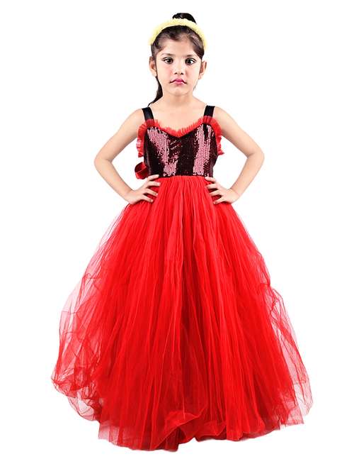 girls red sweetheart neck net frock