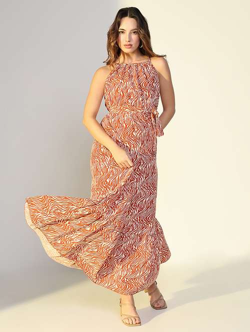 women printed shoulder starp tiered dress - 21643108 -  Standard Image - 0