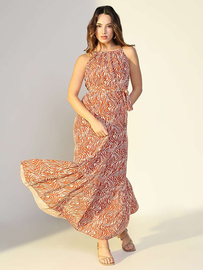 women printed shoulder starp tiered dress