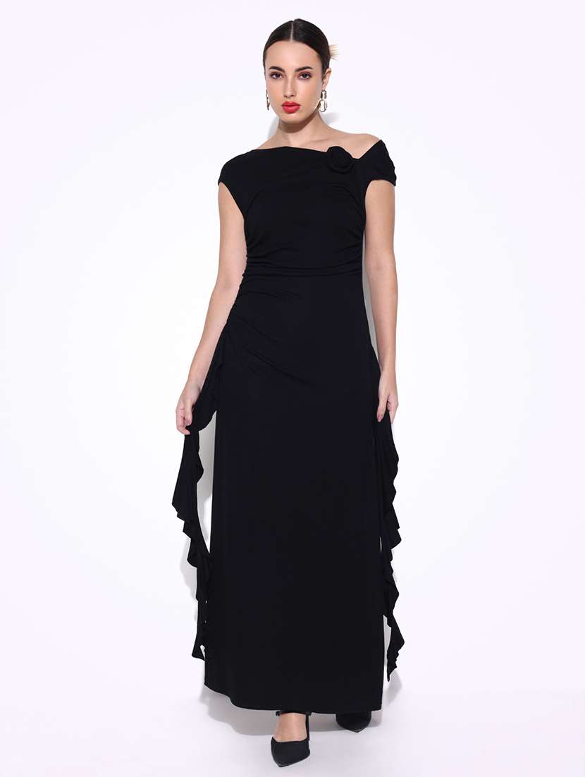 women solid asymmetric neck ruffle dress