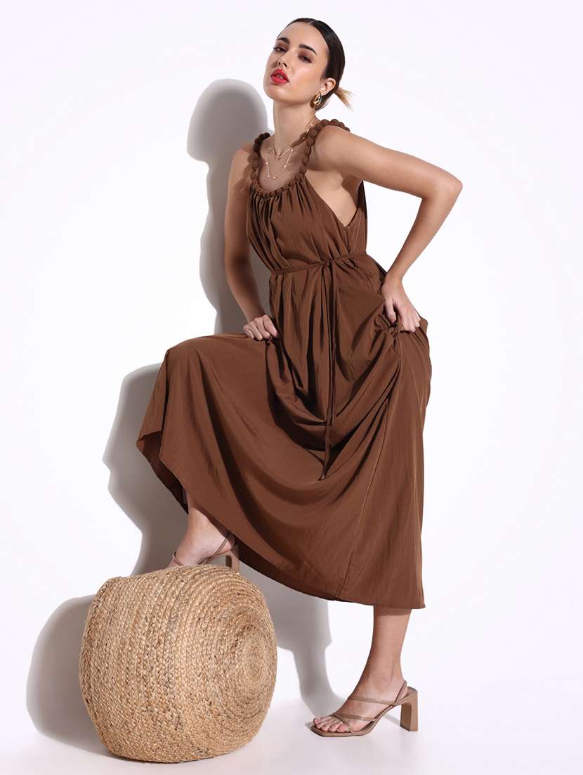 women solid shoulder strap fit & flare dress - 21643143 - Standard Image - 1