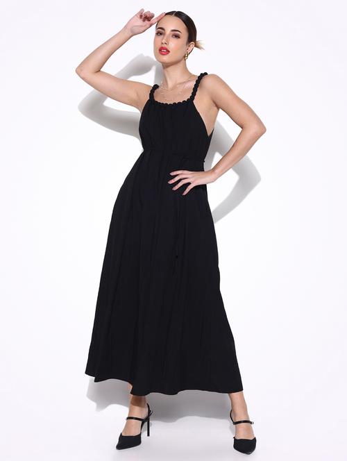 women solid shoulder strap fit & flare dress - 21643144 - Standard Image - 0