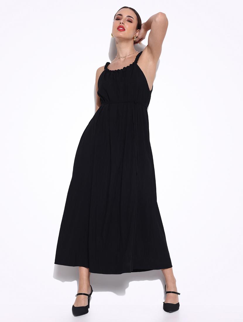 women solid shoulder strap fit & flare dress - 21643144 - Standard Image - 1