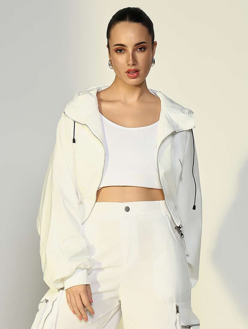women solid hooded crop biker jacket