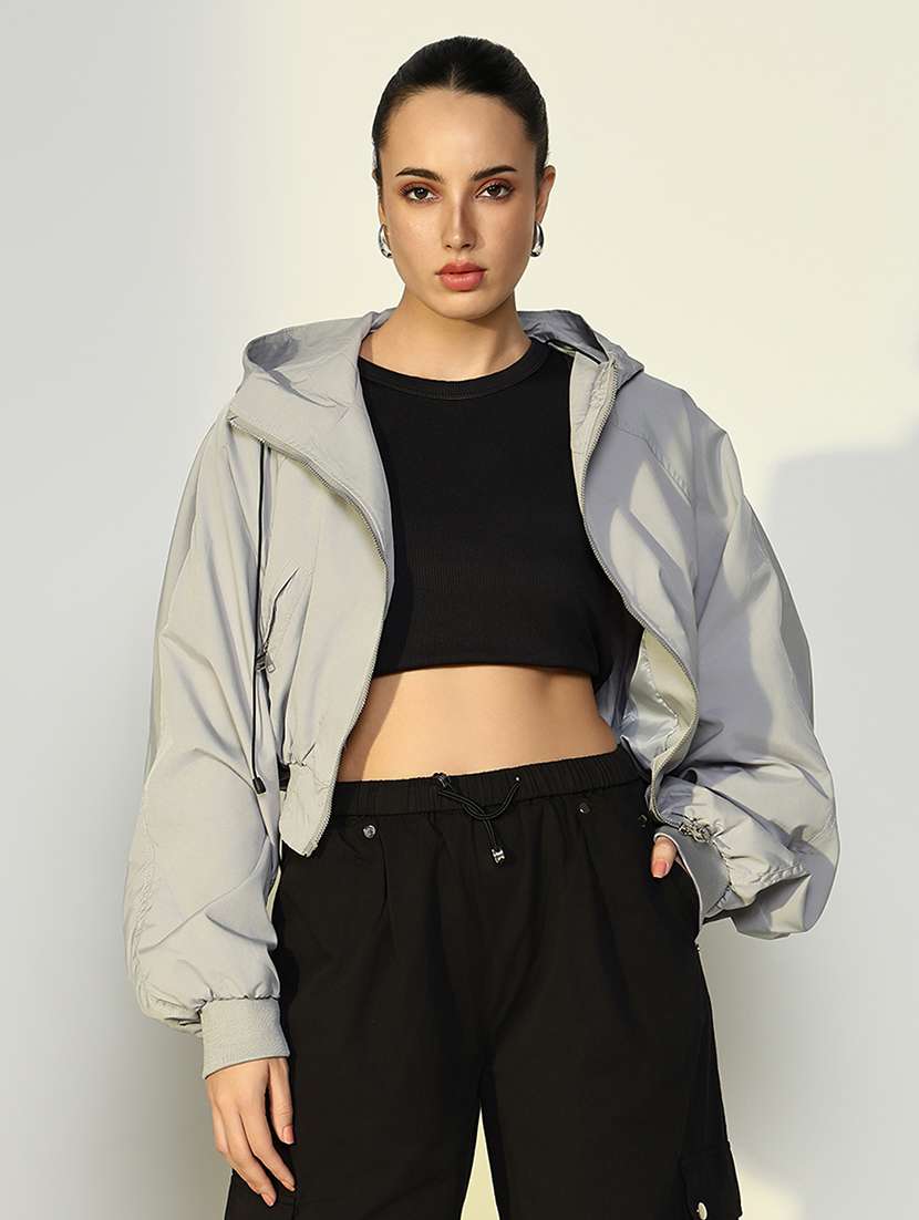 women solid hooded cropped windcheater jacket - 21643168 -  Zoom Image - 0