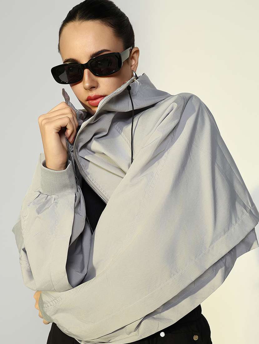 women solid hooded cropped windcheater jacket - 21643168 - Standard Image - 1
