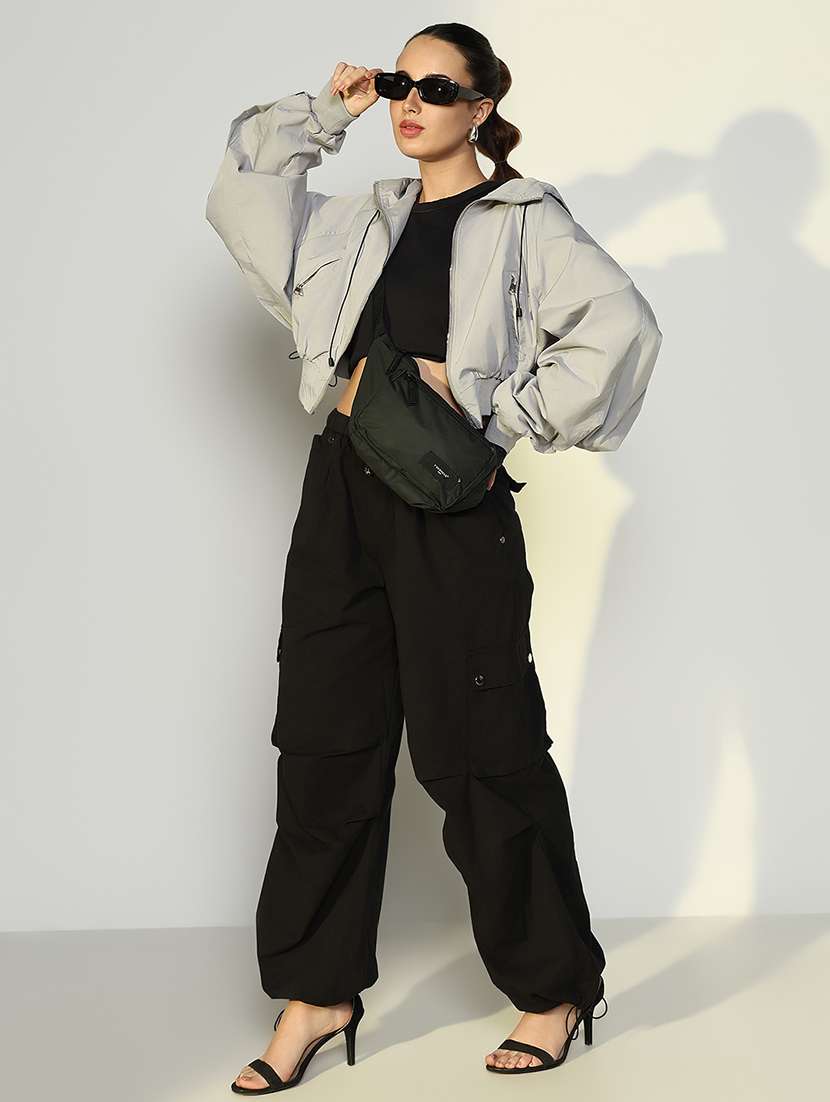 women solid hooded cropped windcheater jacket - 21643168 - Standard Image - 4