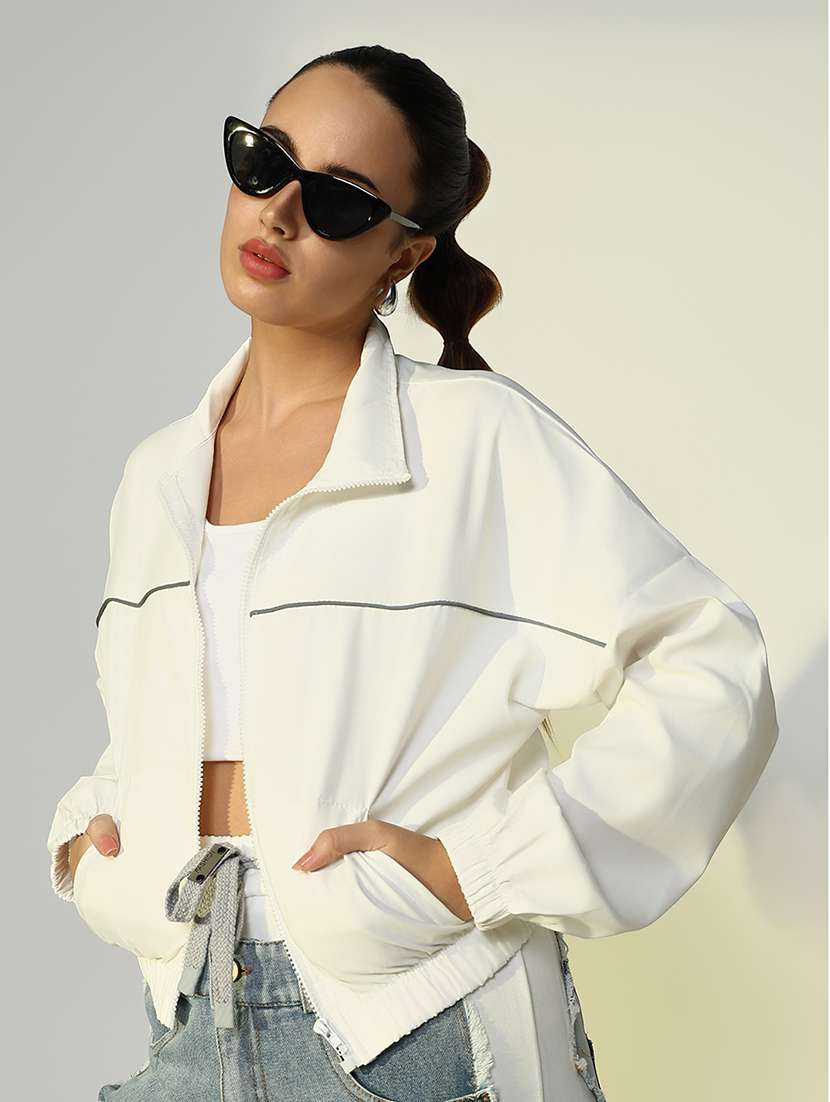 women solid long sleeves cropped windcheater jacket - 21643169 -  Standard Image - 1