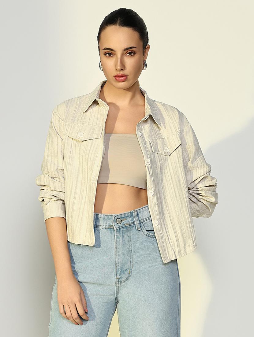 women solid collared cropped jacket - 21643172 - Zoom Image - 0