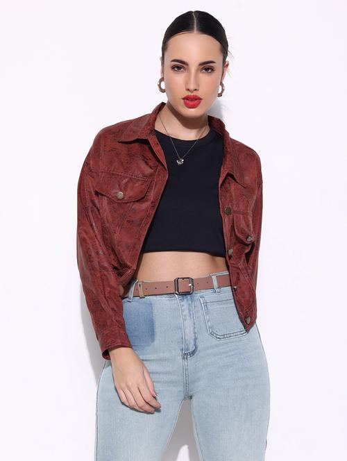 women brown printed long sleeve leather jacket - 21643174 -  Standard Image - 0