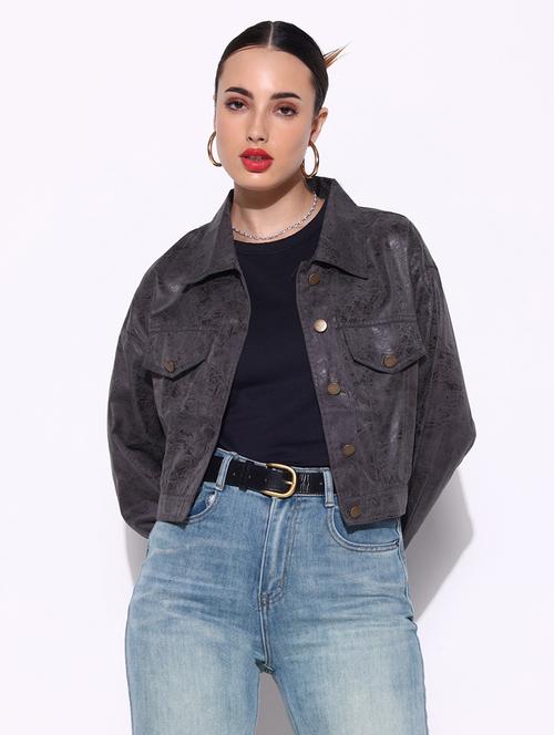 women grey printed long sleeve leather jacket - 21643175 -  Standard Image - 0