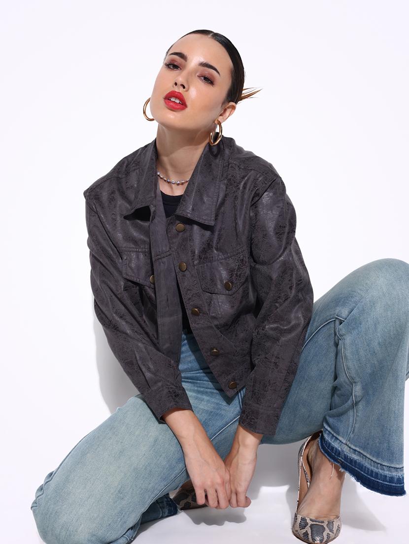 women grey printed long sleeve leather jacket - 21643175 -  Standard Image - 1