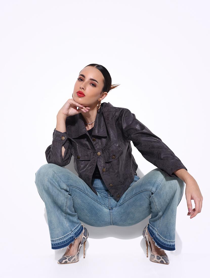 women grey printed long sleeve leather jacket - 21643175 - Standard Image - 4
