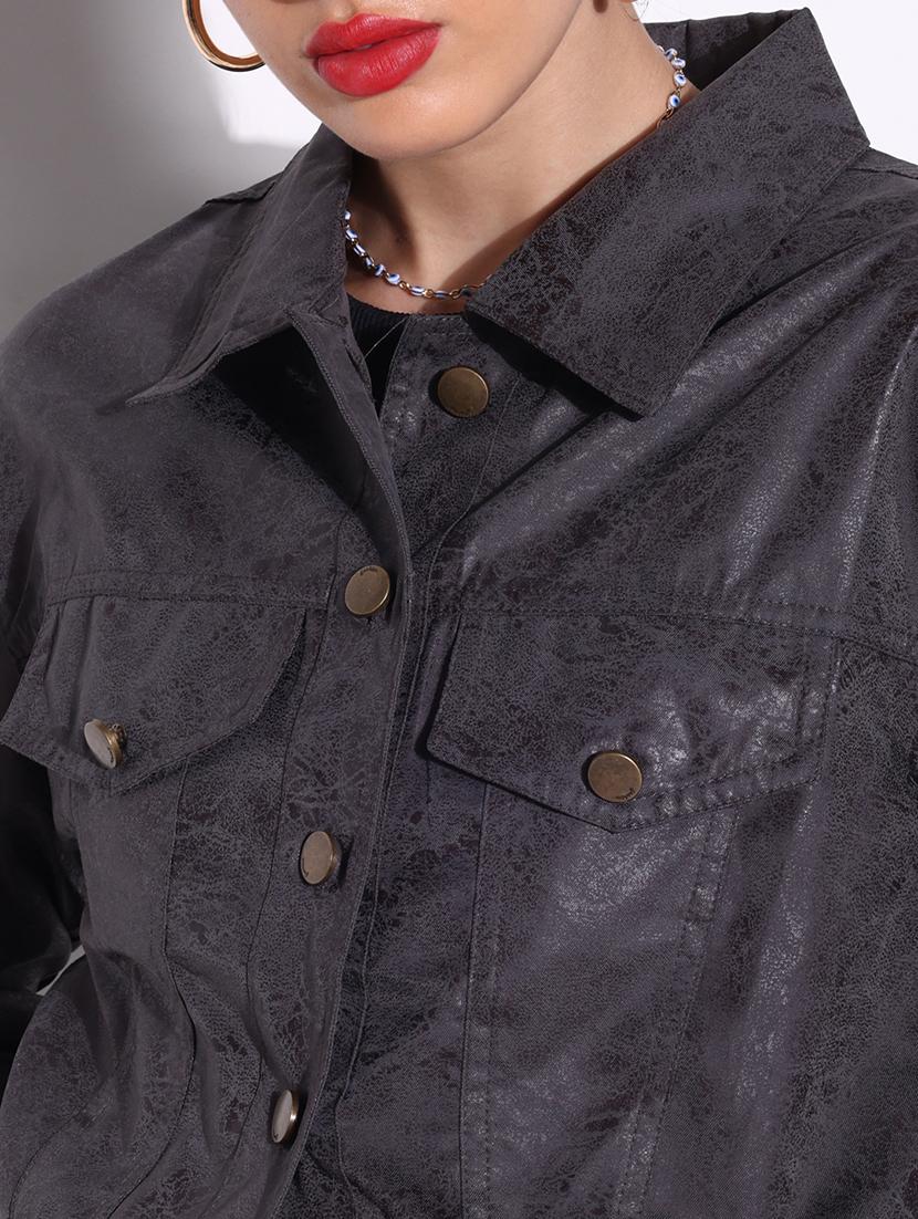 women grey printed long sleeve leather jacket - 21643175 - Standard Image - 6
