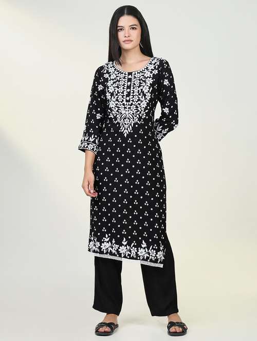 women three quarter sleeve straight chikankari kurta - 21643197 - Standard Image - 0