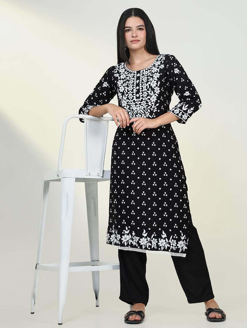 women three quarter sleeve straight chikankari kurta - 21643197 - Standard Image - 1