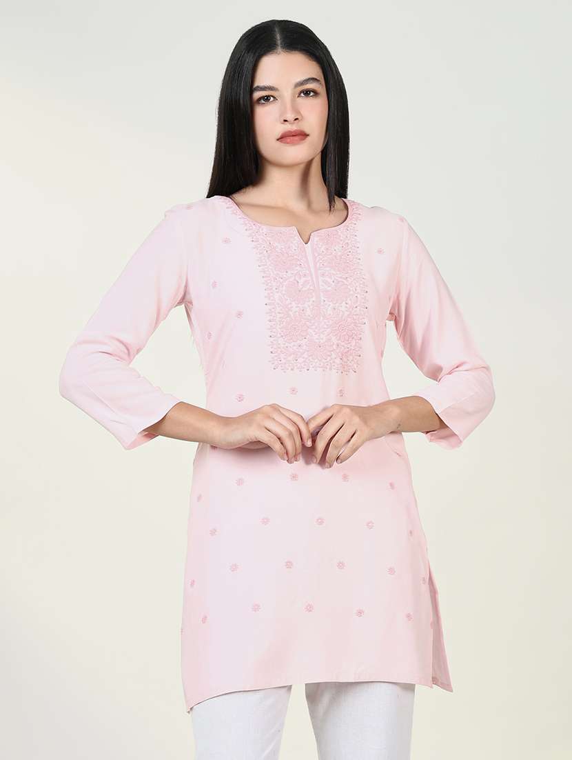 women pink embroidered straight kurti
