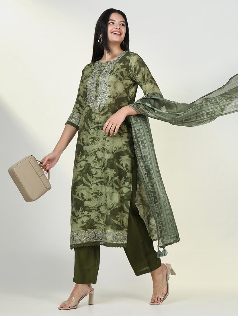 women three quarter sleeve kurta pant with dupatta set - 21643207 - Standard Image - 1