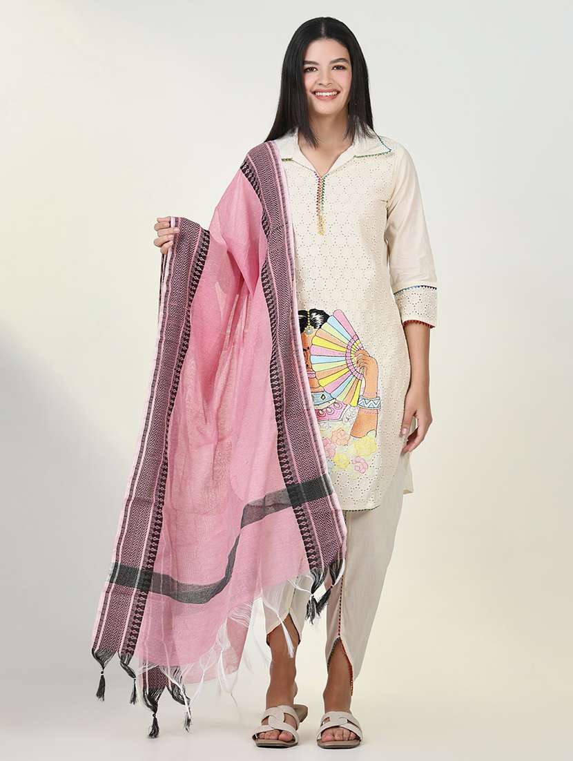 women cream embroidered dhoti kurta set with dupatta