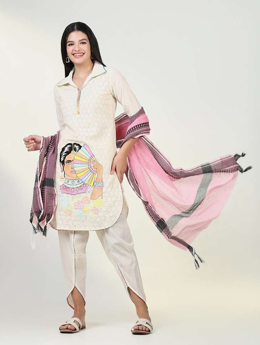 women cream embroidered dhoti kurta set with dupatta - 21643216 -  Standard Image - 4