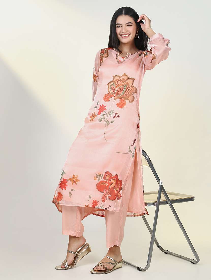 women peach floral printed kurta pant set - 21643221 - Standard Image - 1