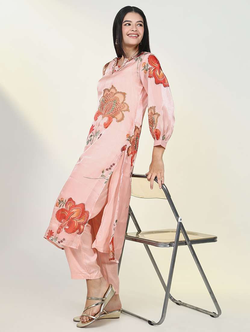 women peach floral printed kurta pant set - 21643221 - Standard Image - 4