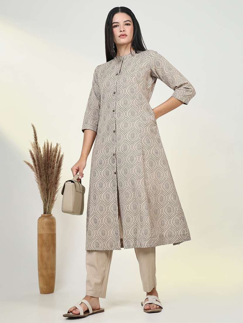 women beige printed kurta pant set - 21643222 -  Standard Image - 1