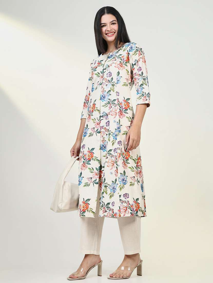women cream floral printed kurta pant set - 21643227 -  Standard Image - 4