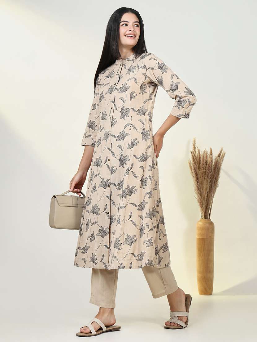 women beige floral printed kurta pant set - 21643228 -  Standard Image - 1