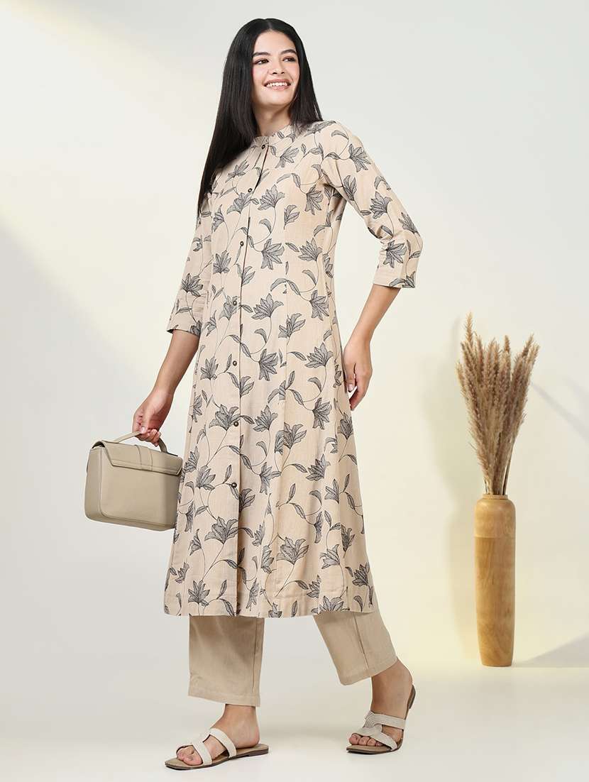 women beige floral printed kurta pant set - 21643228 -  Standard Image - 4