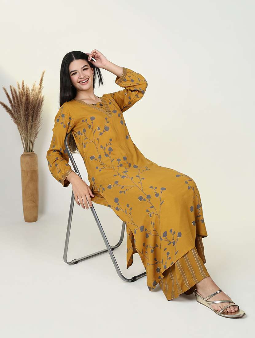 women mustard floral printed kurta palazzo set - 21643230 -  Standard Image - 1