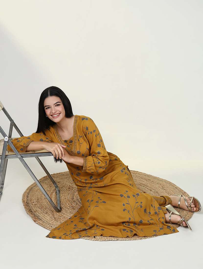 women mustard floral printed kurta palazzo set - 21643230 -  Standard Image - 4