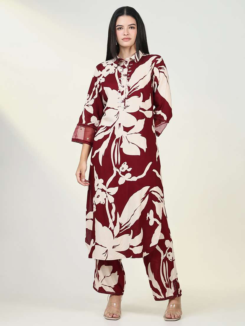 women maroon floral printed kurta pant set