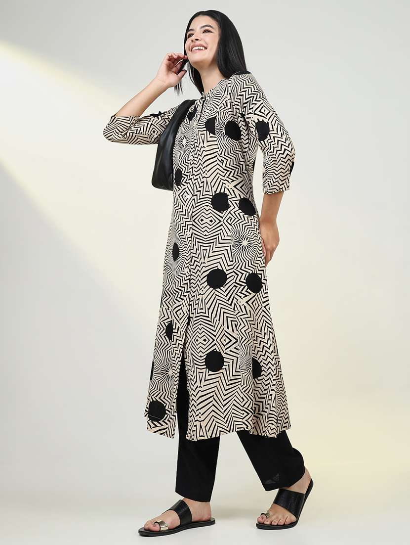women beige geometric printed kurta pant set - 21643245 -  Standard Image - 4