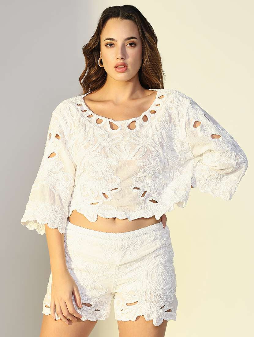 women corchet detailed top and shorts co-ord set