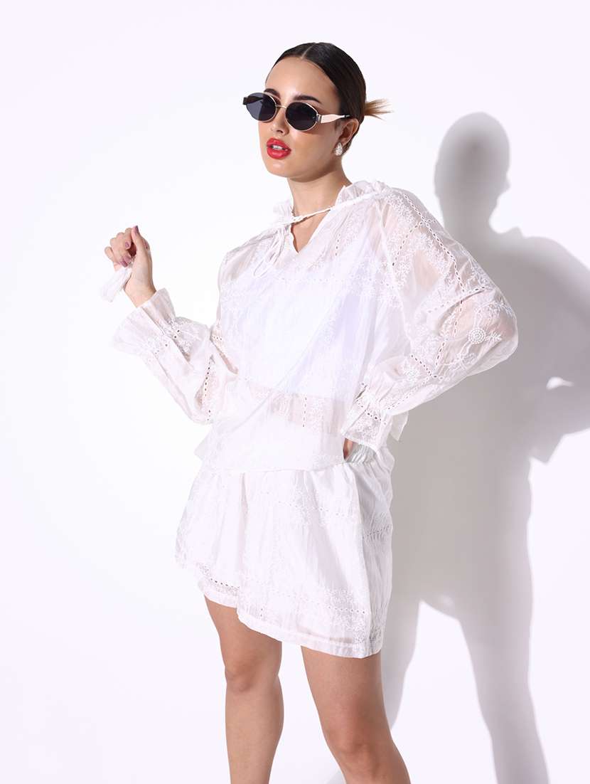 women lace detailed top and shorts with shirt set - 21643297 -  Standard Image - 1