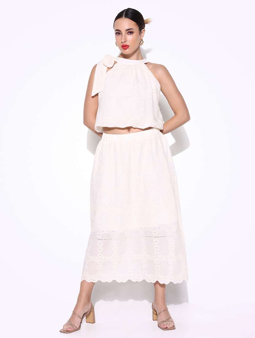 women lace detailed top and skirt co-ord set